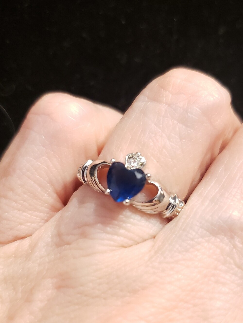 NEW Blue Sapphire (Created) 925 Sterling Heart W/White Sapphire, Sz6, Stamped.